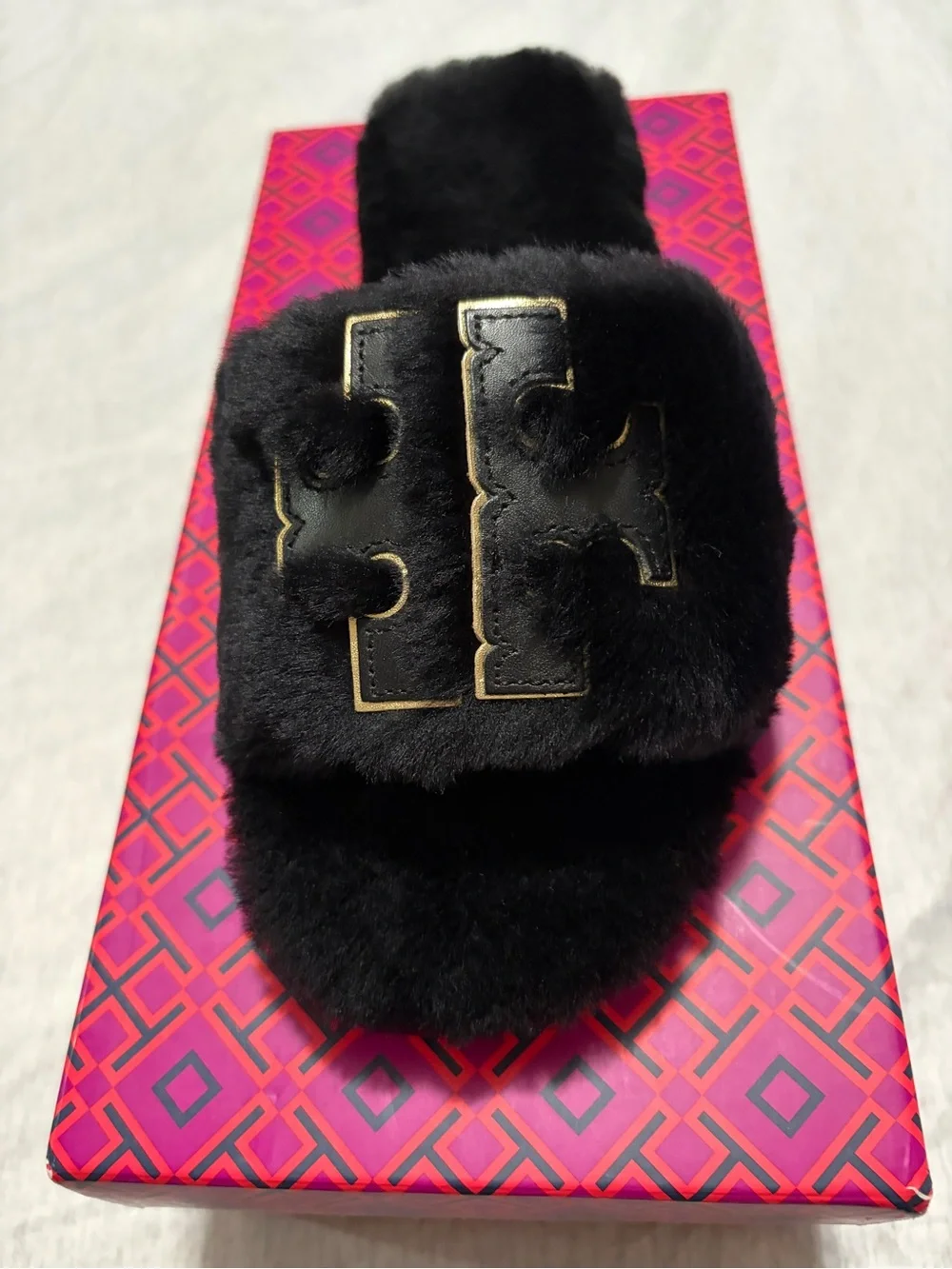 Tory Burch Black Faux Fur Slide with Gold Logo